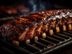 Barbecued ribs cooking on an outdoor grill